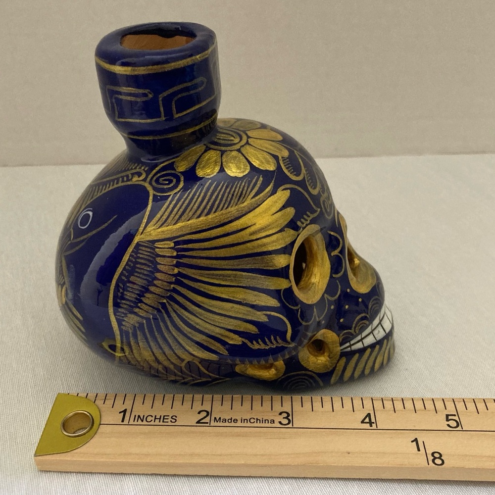 Blue & Gold Ceramic Sugar Skull Vase | Day of the Dead Decor | Hand Painted - Picture 8 of 9